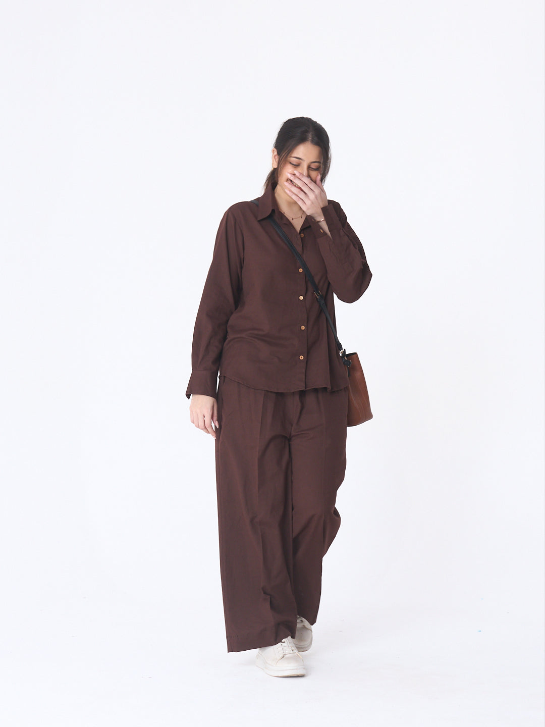 Dayflow 100% Cotton Shirt & Wide-Leg Pants Co-ord Set | Chocolate Brown