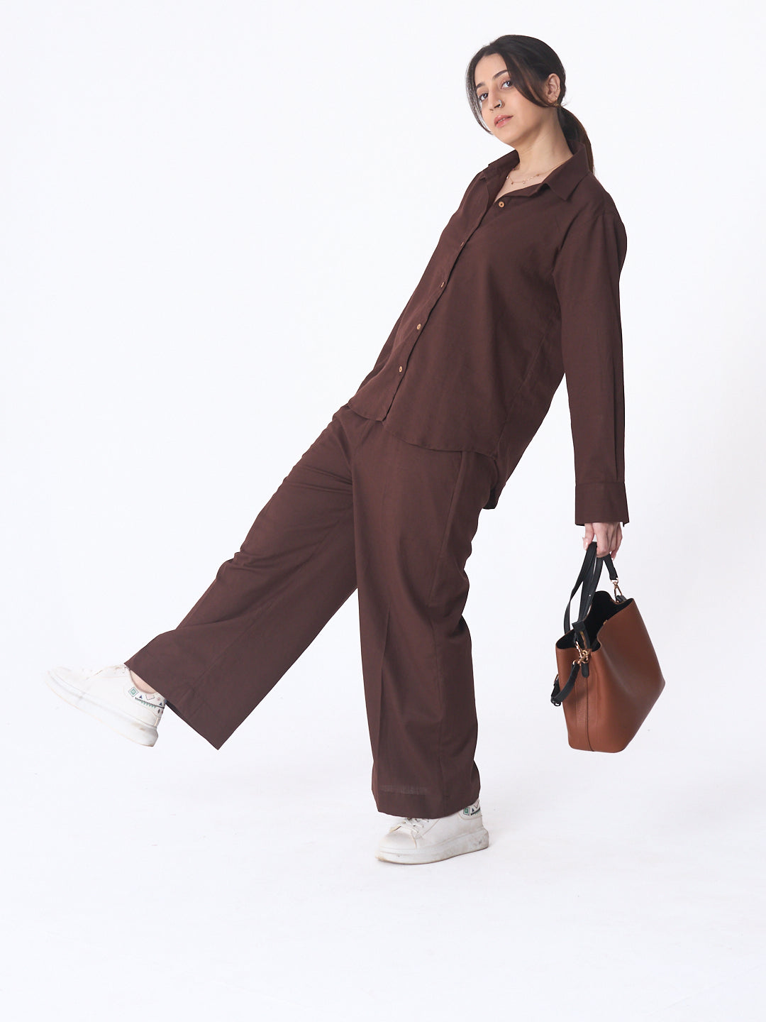 Dayflow 100% Cotton Shirt & Wide-Leg Pants Co-ord Set | Chocolate Brown