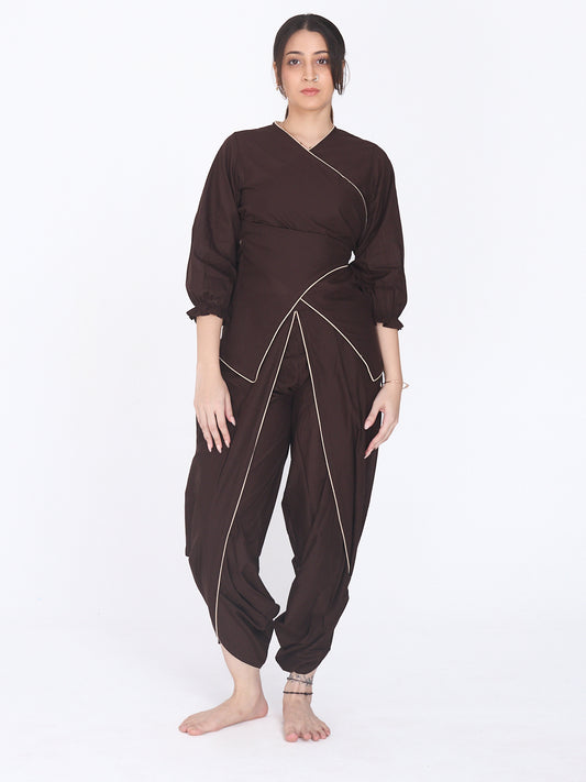 Arya 2.0  Cotton Wrap Top & Dhoti Pants Yoga Set | Chocolate Brown