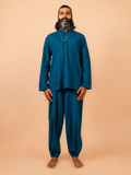 Cotton Yoga Mandarin Collar Top for Men- Sea Blue| Tejas