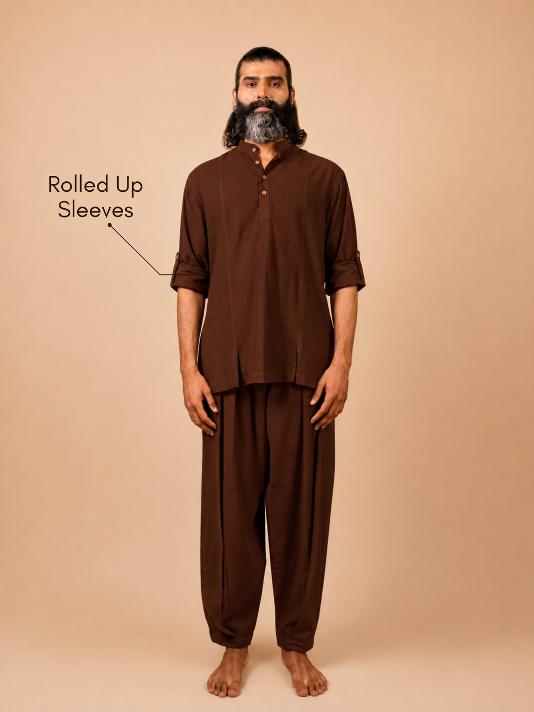 Cotton Yoga Mandarin Collar Set for Men- Brown | Tejas