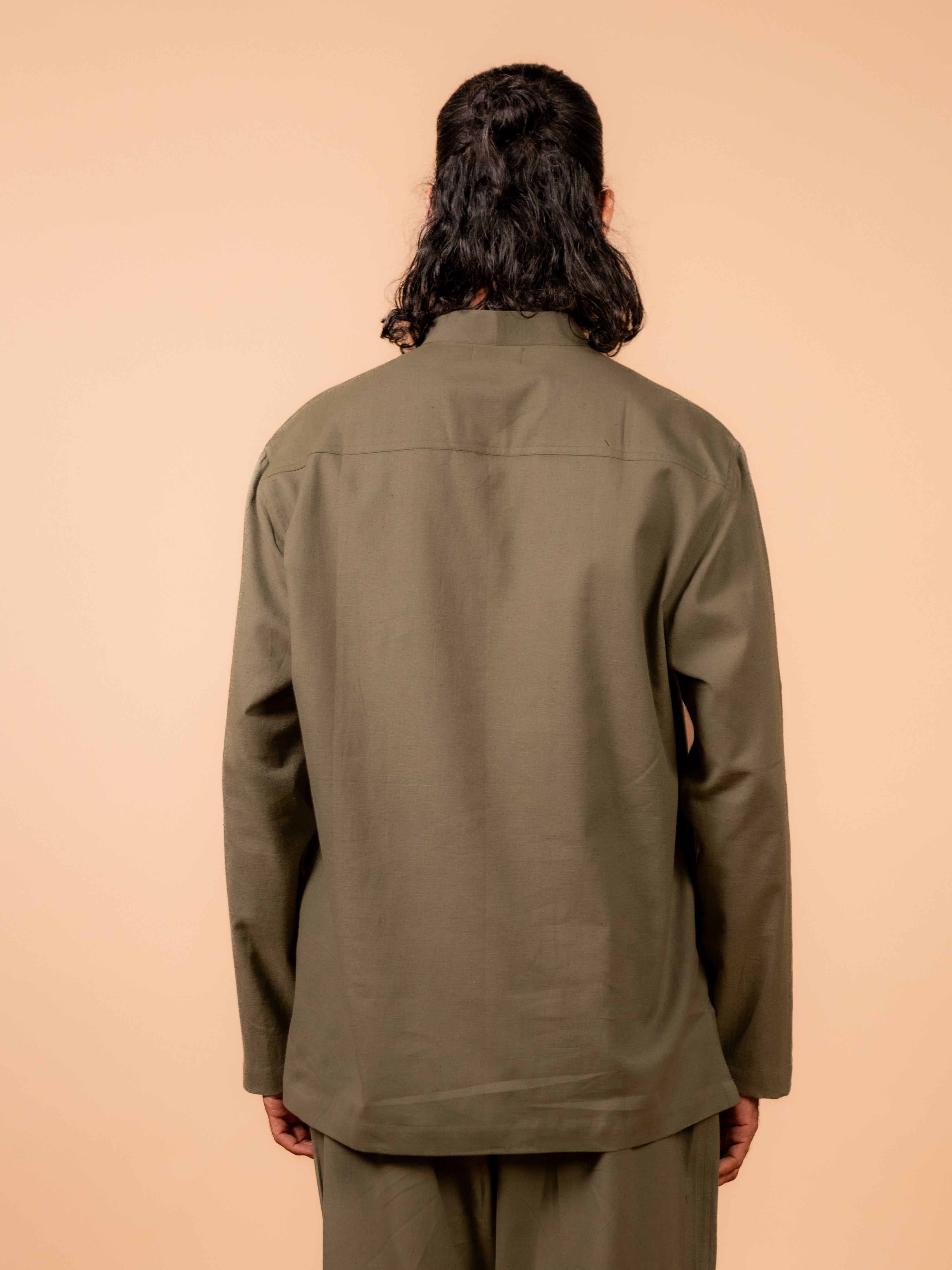 Cotton Yoga Mandarin Collar Top for Men- Olive Green | Tejas