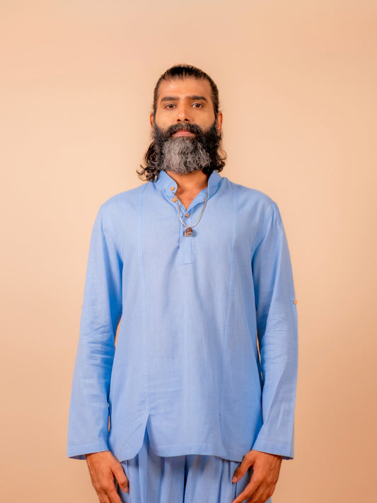 Cotton Yoga Mandarin Collar Top for Men- Powder Blue | Tejas