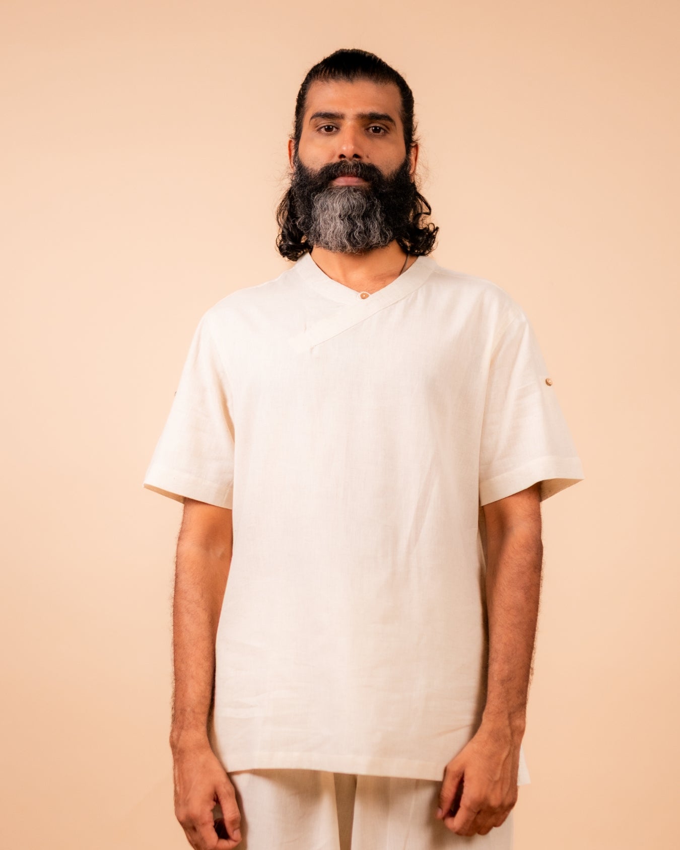 Cotton Yoga Cross Over Neckline Top for Men- Off White | Veer
