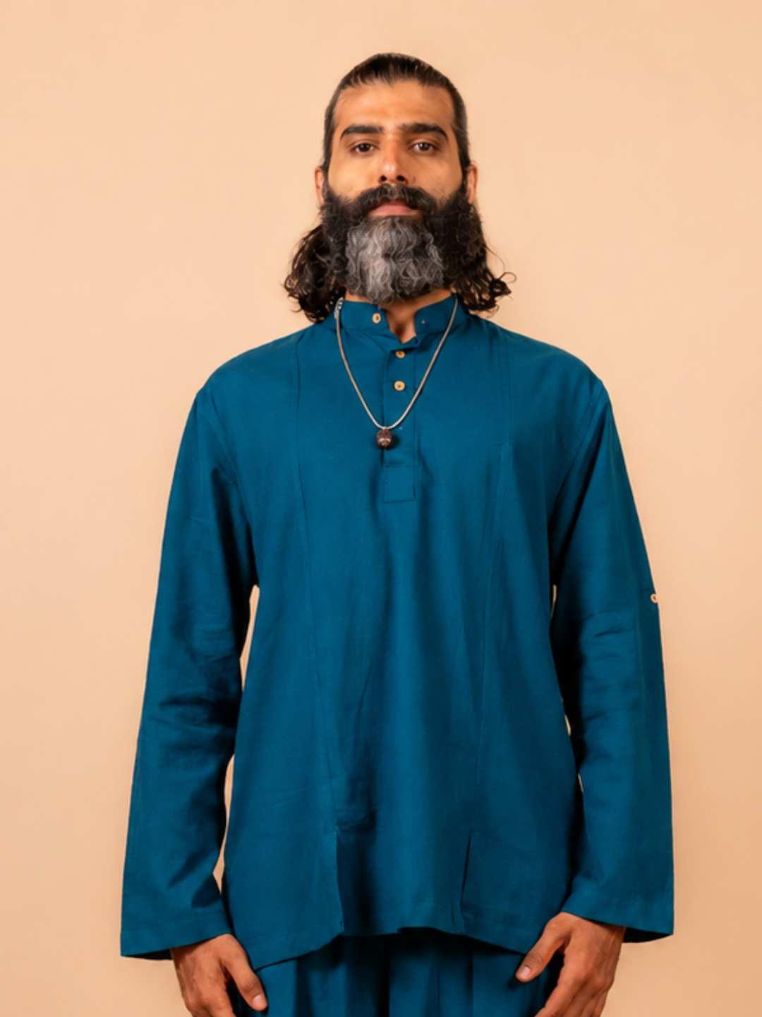 Cotton Yoga Mandarin Collar Set for Men- Sea Blue | Tejas