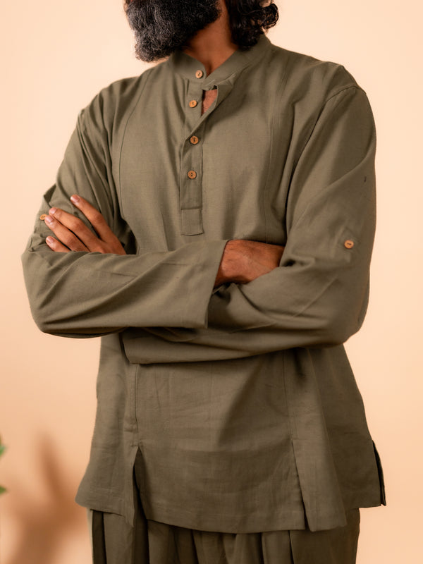 Cotton Yoga Mandarin Collar Top for Men- Olive Green | Tejas
