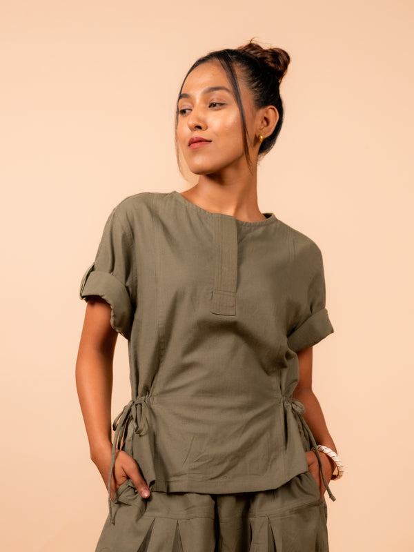 Cotton Yoga half Sleeves Top for Women- Olive Green | Ira