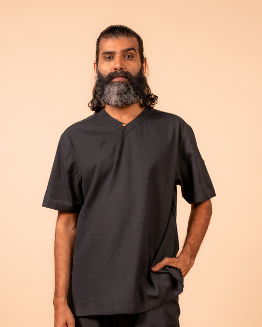 Cotton Yoga Cross Over Neckline Top for Men- Black | Veer