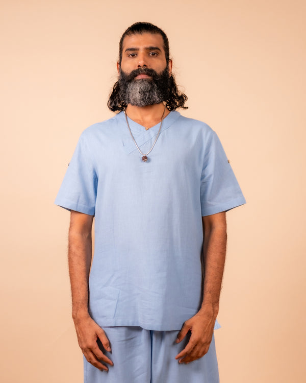 Cotton Yoga Cross Over Neckline Top for Men- Powder Blue | Veer