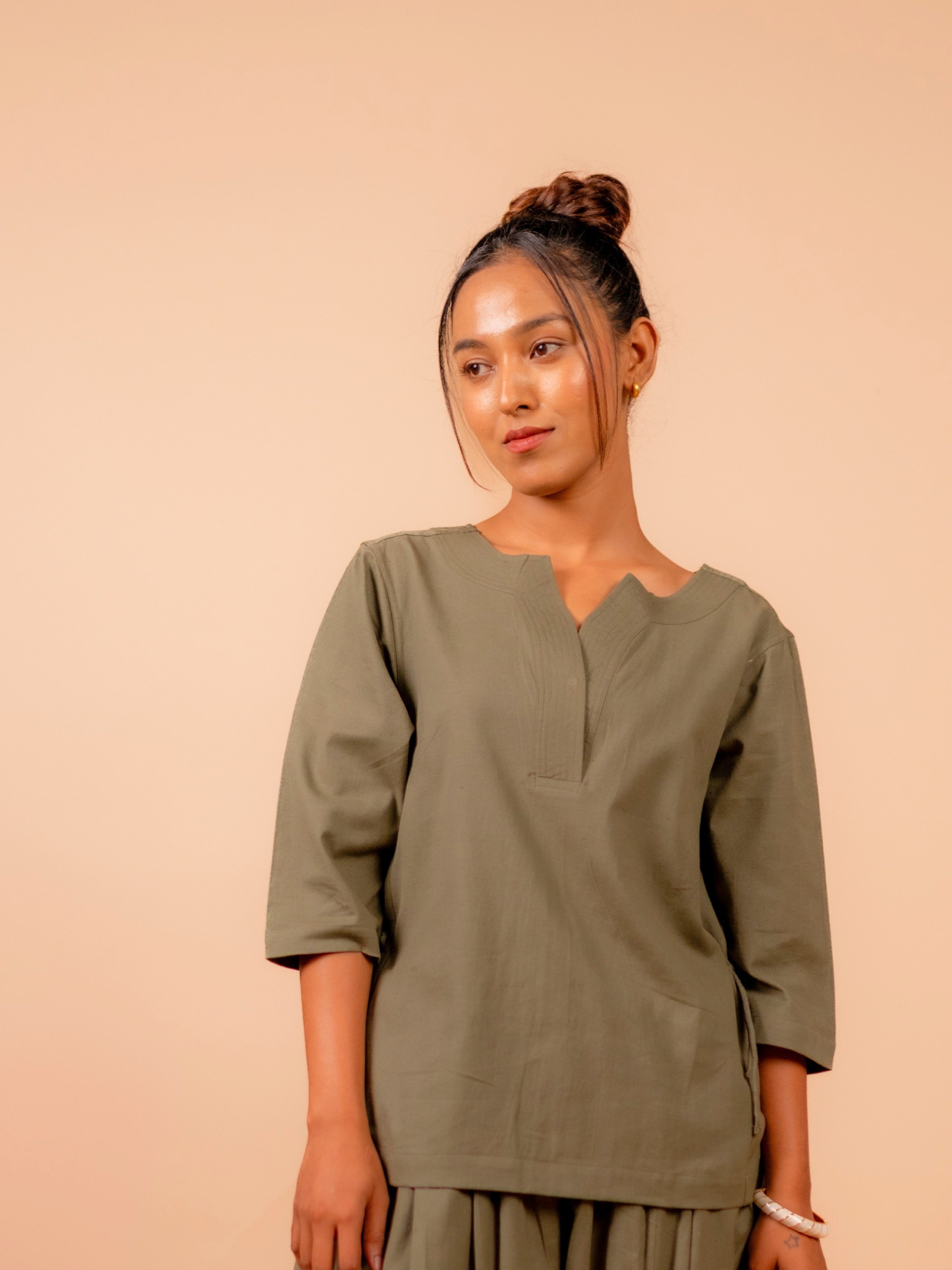 Cotton Yoga Kurta Top for Women- Olive Green | Aarohi