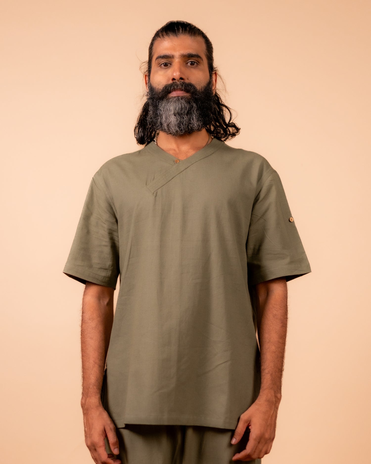Cotton Yoga Cross Over Neckline Top for Men- Olive Green | Veer