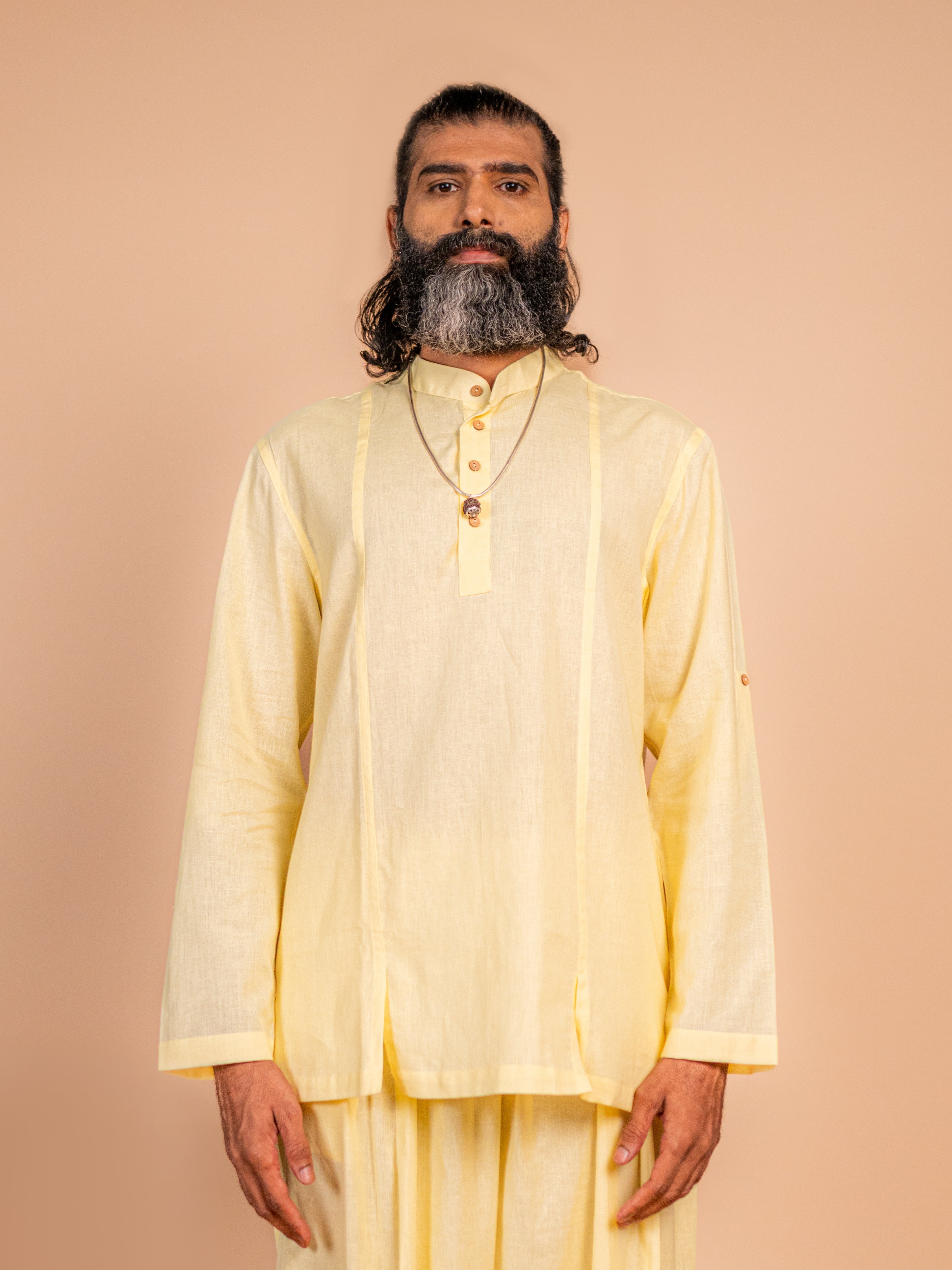 Cotton Yoga Mandarin Collar Top for Men- Butter Yellow | Tejas