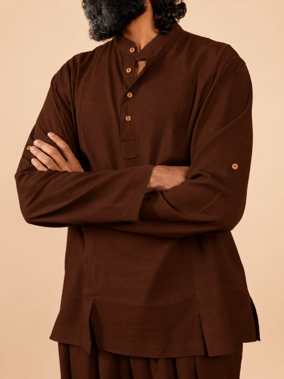 Cotton Yoga Mandarin Collar Top for Men- Brown | Tejas