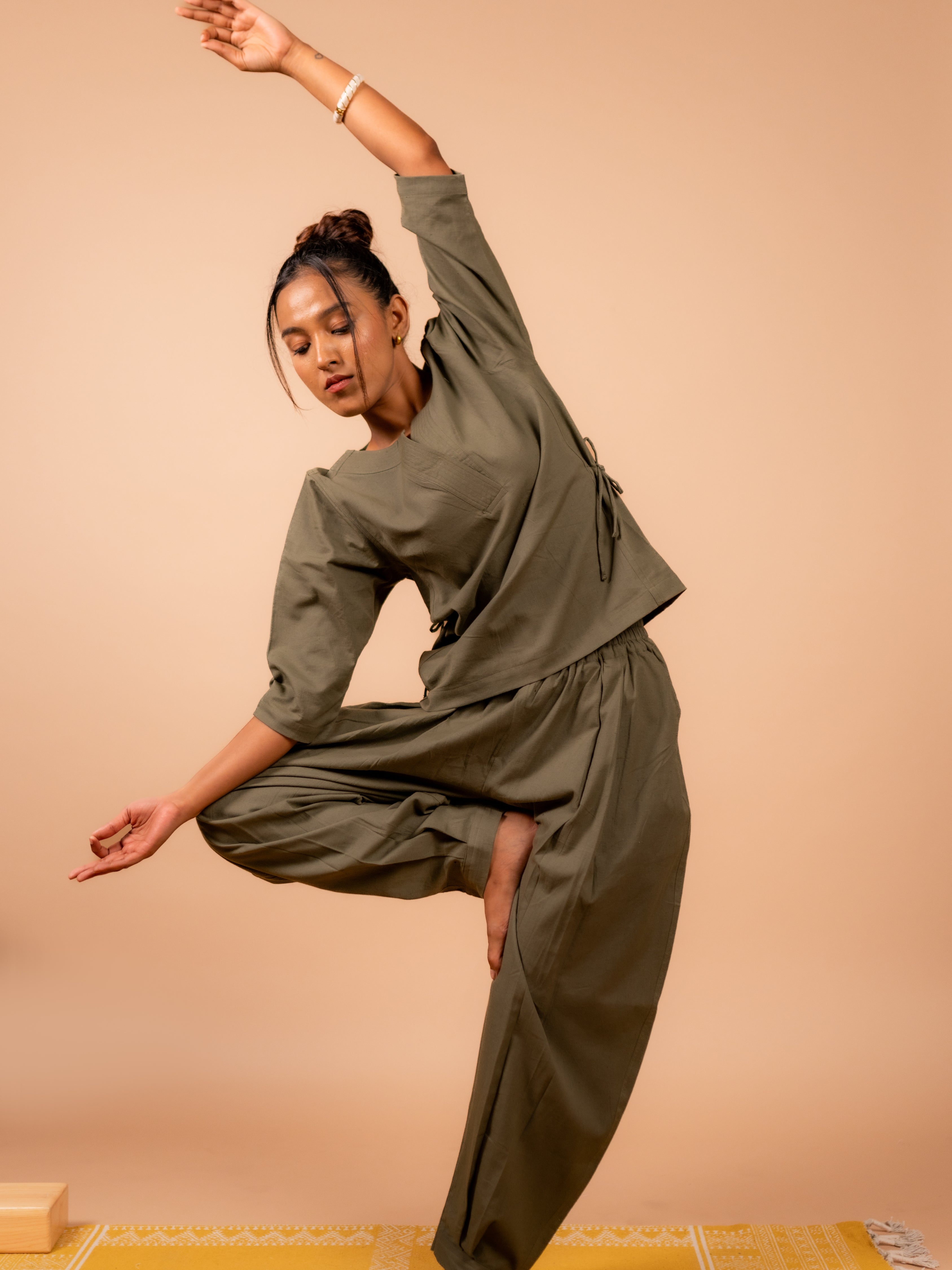 Cotton Yoga Kurta Top for Women- Olive Green | Aarohi